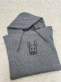 Milo Line personalized pet portrait hoodie with minimal line art embroidery, clean modern design on a pullover hoodie