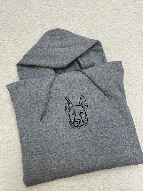 Milo Line personalized pet portrait hoodie with minimal line art embroidery, clean modern design on a pullover hoodie
