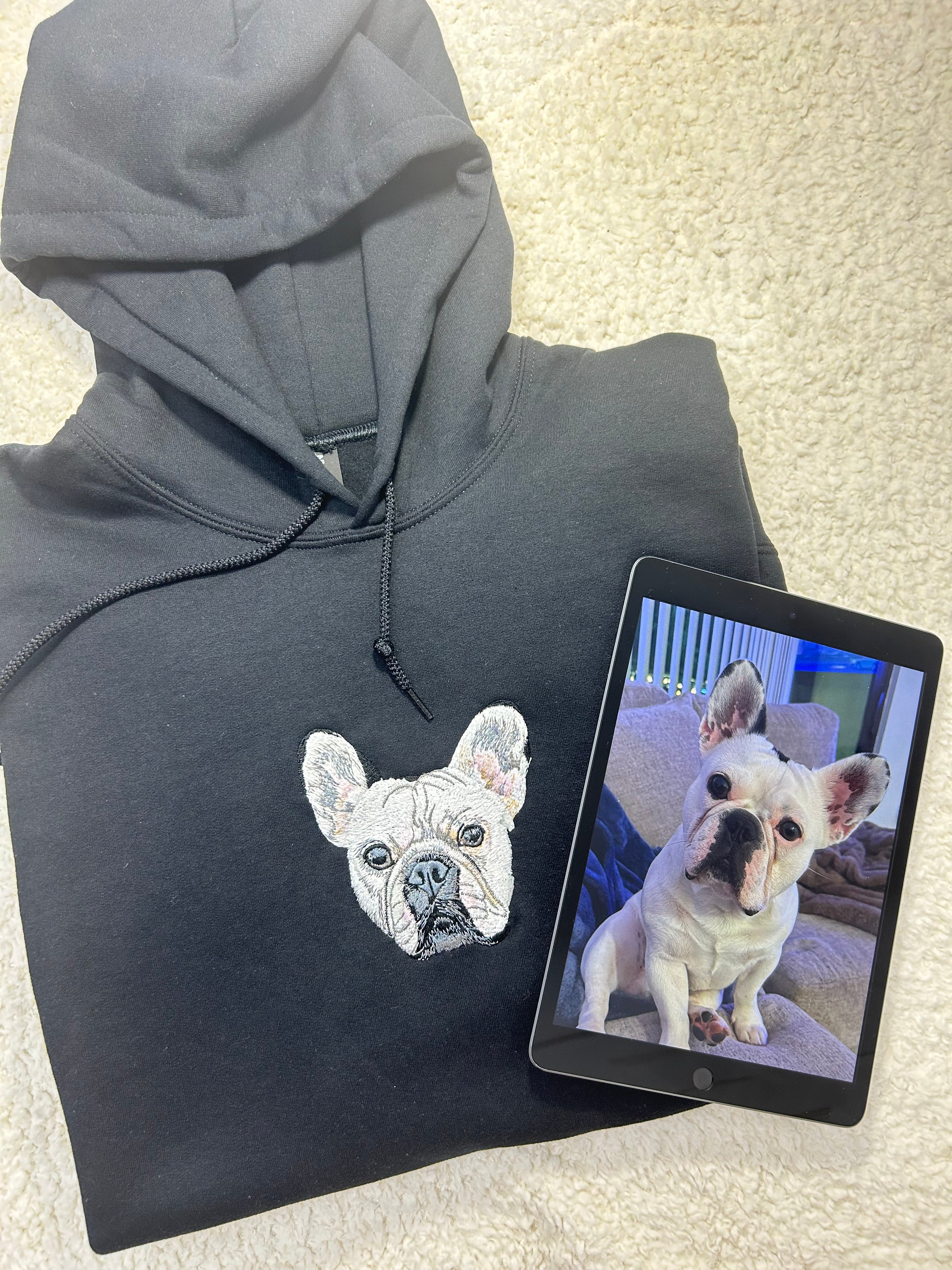 Fluffy Buddy custom embroidered pet portrait hoodie made from your photo, showing detailed stitching of a dog portrait on a cozy sweatshirt
