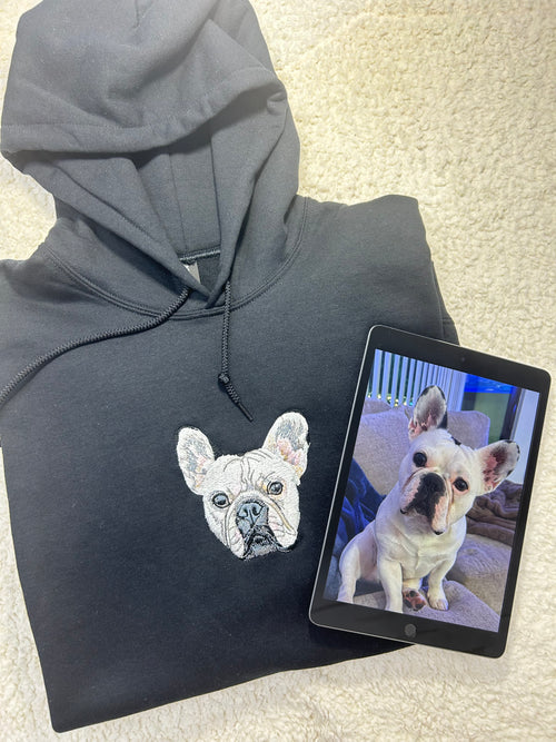 Fluffy Buddy custom embroidered pet portrait hoodie made from your photo, showing detailed stitching of a dog portrait on a cozy sweatshirt
