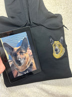 Fluffy Buddy custom embroidered pet portrait sweatshirt made from your photo, showing detailed stitching of a dog portrait on a cozy pullover