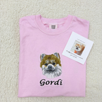 Fluffy Buddy custom embroidered pet portrait shirt with detailed stitching of a pet photo on a 100% cotton everyday tee