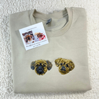 Fluffy Buddy custom embroidered pet portrait sweatshirt made from your photo, showing detailed stitching of a dog portrait on a cozy sweater