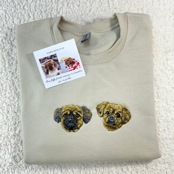 Fluffy Buddy custom embroidered pet portrait sweatshirt made from your photo, showing detailed stitching of a dog portrait on a cozy sweater