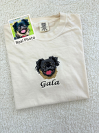 Fluffy Buddy custom embroidered pet portrait tshirt with detailed stitching of a pet photo on a 100% cotton everyday tee